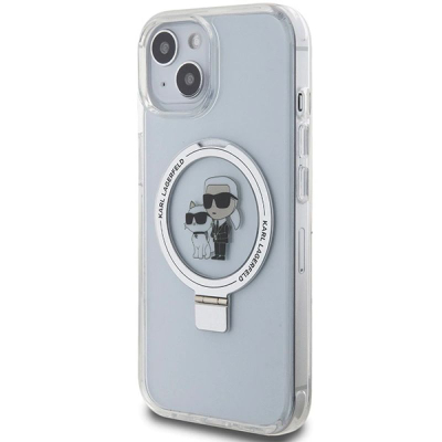 Mbrotëse telefoni Karl Lagerfeld me unazë Ring Stand Karl & Choupette MagSafe, për iPhone 15 14 13 6.1", e bardhë transparente