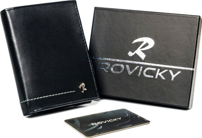 Portofol për burrë Rovicky Spacious, lëkurë natyrale, STOP RFID, i zi