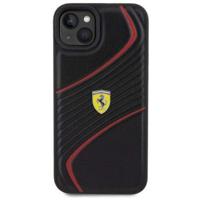 Mbrojtëse telefoni Ferrari Twist Metal Logo për iPhone 15 Plus 6.7", lëkurë ekologjike, e zezë
