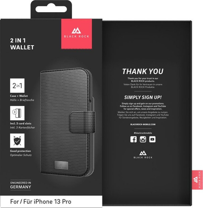 Këllëf portofol Black Rock Wallet 2in1 për iPhone 13 Pro, me mbajtëse kartash, i zi