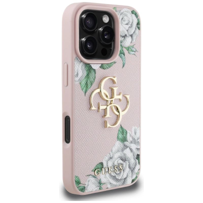 Футрола за телефон Guess Grained Roses Big 4G Logo за iPhone 16 Pro Max, со логотип 4G, розова
