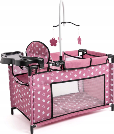 Set për kujdes kukullash Bayer Design Doll Travel Multi-Bed, deri 46 cm, me karrige për ngrënë dhe karusel, rozë me yje të bardhë