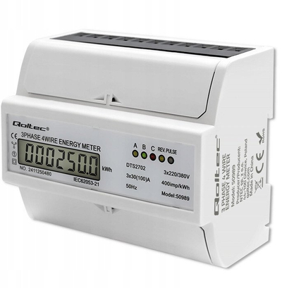 Matës energjie Qoltec, trefazor, për shina DIN, 400V