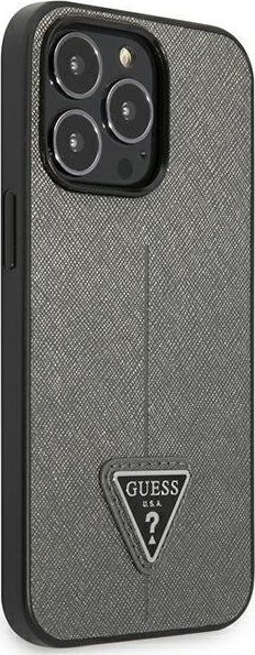 Kapak telefoni Guess Saffiano Triangle Logo për iPhone 14 Pro 6.1", hardcase, argjend