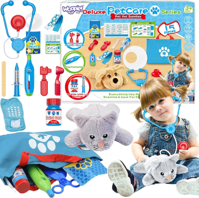 Lodër set veteriner Woopie Deluxe PetCare, 15 pjesë, mace pelushi gri, çantë blu