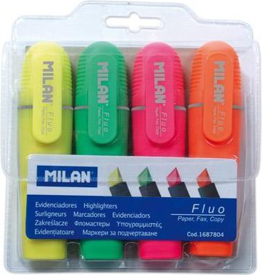Set markuesish Milan Highlighter Fluo Flat, maje e pjerrët, 4 ngjyra bashkë