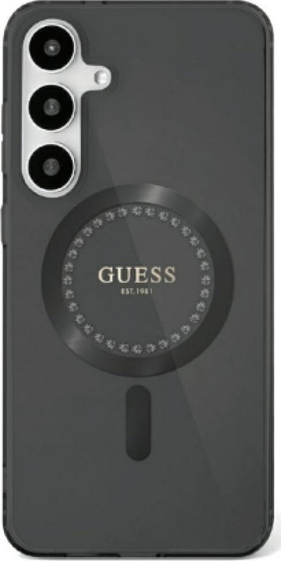 Futrollë telefoni Guess GUHMS25SPFTDTEK për Samsung S25, magnetike, me gurë rhinestones, e zezë