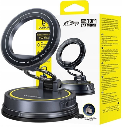 Mbajtës magnetik për makinë Baseus PrimeTrip VC2 Flex, me kupë thithëse, që rrotullohet 720°, gri e errët