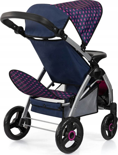 Karrocë lodrash Bayer Design Twin Star, për kuklla 46cm, me çantë shpatulle, blu rozë me njëbrirësh