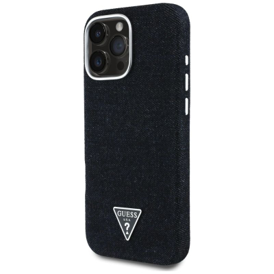 Футрола за телефон Guess Denim Triangle Logo MagSafe за iPhone 16 Pro Max, деним, црна