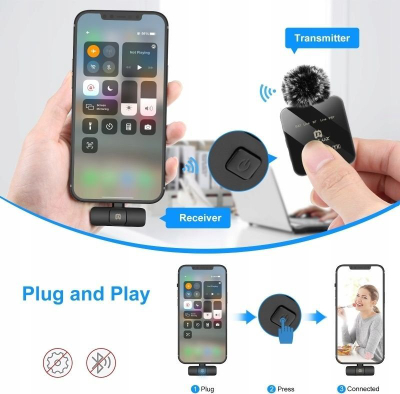 Mikrofon lavalier Puluz PU647B, 2x wireless, për iPhone me Lightning, i zi