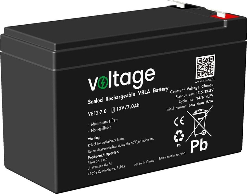 Bateri AGM Voltage VE12-7.0, 12V, 7Ah, e zezë
