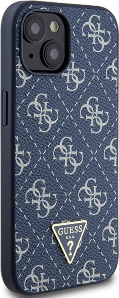 Kapak telefoni Guess 4G Triangle Metal Logo për iPhone 15, lëkurë ekologjike, shkon me karikim wireless, blu