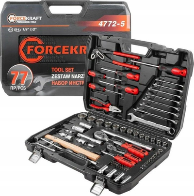Set çelësash me tapa dhe bit, 1/4" 1/2", 77 copa, 4–32 mm