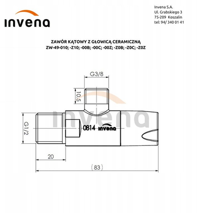 Valvul këndore me kokë qeramike, 1/2"x3/8", e bardhë