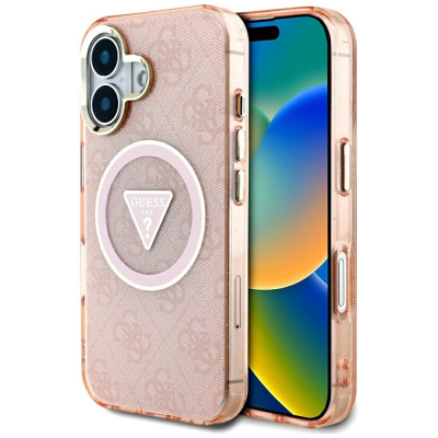 Футрола за телефон Guess IML Metal Glitter 4G Triangle MagSafe за iPhone 16 6.1", розова