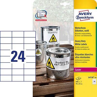 Etiketa poliesteri Avery Zweckform L4718-20, 70x37mm, 480 copë, të bardha