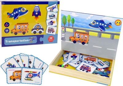 Libër magnetik puzzle LeanToys Transport Puzzles Cards, 56 elemente, me marker, shumëngjyrësh