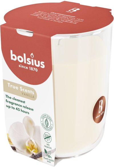 Qiri me erë Bolsius True Scents Vanilje, 45 orë djegie, në gotë, ngjyrë krem