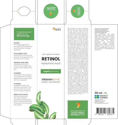 Serum kundër rrudhave Swedish Nutra Retinol Hyaluronic Acid, 30ml