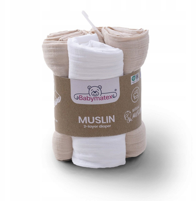 Pelenë museline BabyMatex, 70 x 80 cm, set me 3 copë, bezhë edhe e bardhë