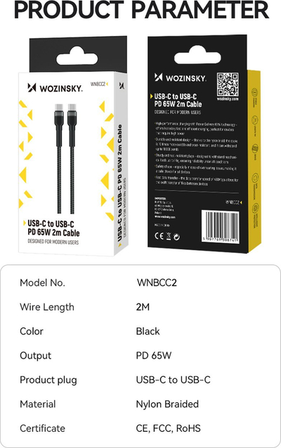 Kabllo USB C Wozinsky WNBCC2, USB C me USB C, PD 65W, 2 m, e zezë