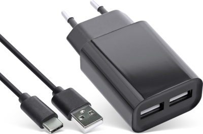 Karikues muri InLine DUO+, 2 porta USB 2.1A, me kabllo USB Type C 1.5m, i zi