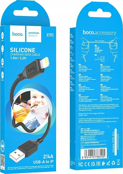 Kabllo karikimi Hoco X90, USB A në Lightning, 1 m, 2.4A, e zezë