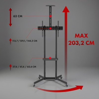Karrocë mobile për TV Maclean MC-113 B, 37-70", 45kg, me rafte, e zezë