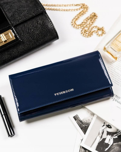 Portofol gocash Peterson Classic, lëkurë natyrale me llustër, RFID, blu navy