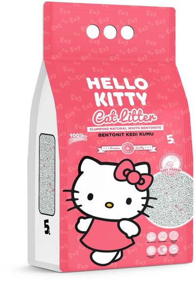 Хигиенски песок за мачки Hello Kitty Bentonite, агломерирачки, со мирис на бебешка пудра, 5L