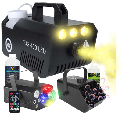 Set efektesh LIGHT4ME GIG SET 2, 2 makina tymi 400W LED, makinë flluskash e rikarikueshme, efekt drite 4in1 RGBW RGB lazer