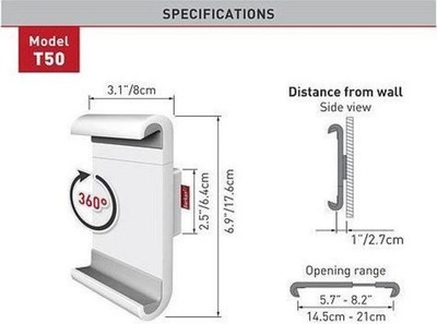 Mbajtës muri për tablet dhe telefon Barkan T50, 7-12", fiks, i bardhë