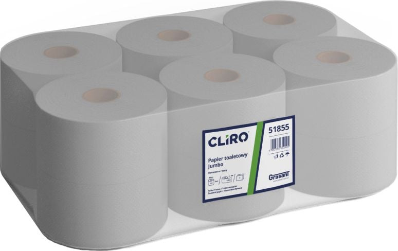 Letër tualeti jumbo Cliro, letër e ricikluar, 12 rrotulla 130 m, gri
