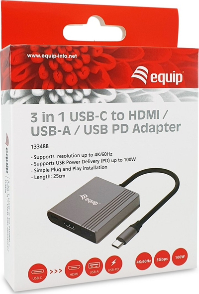 Адаптер USB-C Equip 3 во 1, HDMI, USB-A, Power Delivery, сив