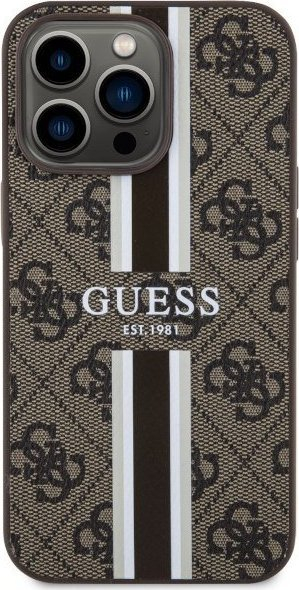 Kapak telefoni Guess 4G Printed Stripes MagSafe për iPhone 13 Pro Max, hardcase, lëkurë ekologjike, kafe