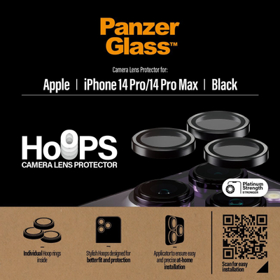Mbrojtës kamere PanzerGlass Hoops, për iPhone 14 Pro 14 Pro Max, xham i fortë, i zi