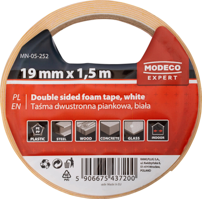 Shirit ngjitës dyanësh Modeco Expert MN-05-252, me shkumë PE, 19mm x 1.5m, i bardhë