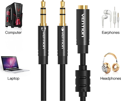 Kabllo splitter audio Vention, 2x 3.5mm në 3.5mm 4-Pole, 0.3m, e zezë