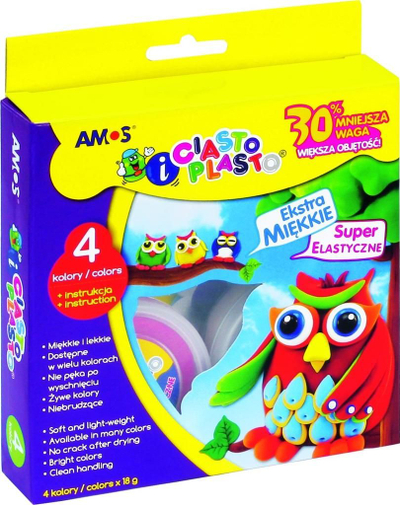 Plastelinë për modelim AMOS Ciasto Plasto, 4 ngjyra, 4 x 18g, shumëngjyrëshe