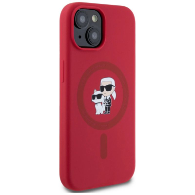 Заштита за телефон Karl Lagerfeld Karl &amp; Choupette за iPhone 15, силиконска, MagSafe, црвена