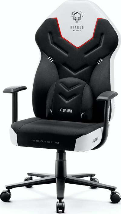 Kомпјутерска гејминг столица Diablo Chairs X-Gamer Snow White, ергономска, со потпирачи за раце, црно-бела