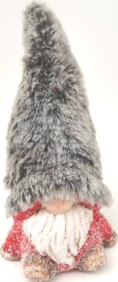 Figurë zbukuruese për Krishtlindje Saska Christmas Gnome, 17 cm, me kapele pelushi, gri me të kuqe