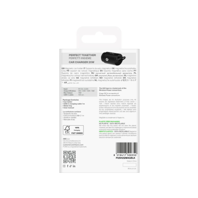 Магнетен држач за во автомобил Puro Push2QiMag, за вентилациски решетки, со безжично полнење Qi2, црна боја