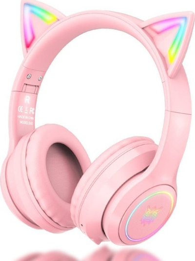 Гејминг слушалки ONIKUMA со уши на маче, Bluetooth, поништување бучава, розева