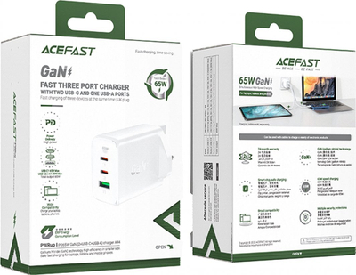 Karikues Acefast A44 GaN, 65W, 3 porta USB USB C PD, i bardhë
