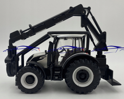 Lodër traktor Bburago Valtra M2 Q, me ngarkues përpara dhe ngarkues drush, 3 trungje 10 cm, shumëngjyrëshe