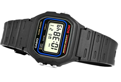 Ora dore Casio Vintage W-59-1VQES, kronograf, mban ujë 50m, e zezë