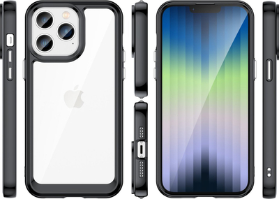 Mbrojtëse telefoni Outer Space për iPhone 14 Pro Max, hibride TPU PC, transparente, me kornizë të zezë