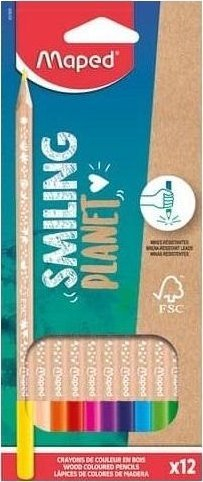 Дрвени моливи во боја Maped Smiling Planet, 12 бои, природно дрво